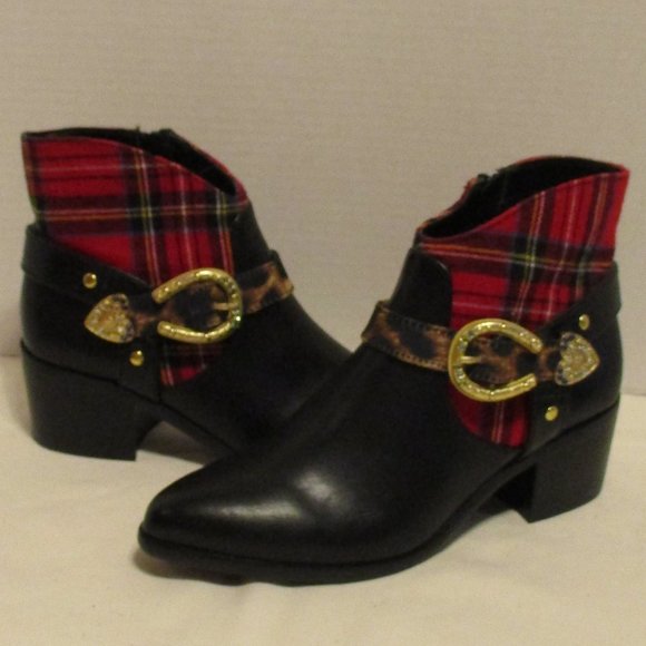 Betsey Johnson Shoes - Betsey Johnson Wilma 7.5 Black Red Plaid Buckle Ankle Boots with Zipper